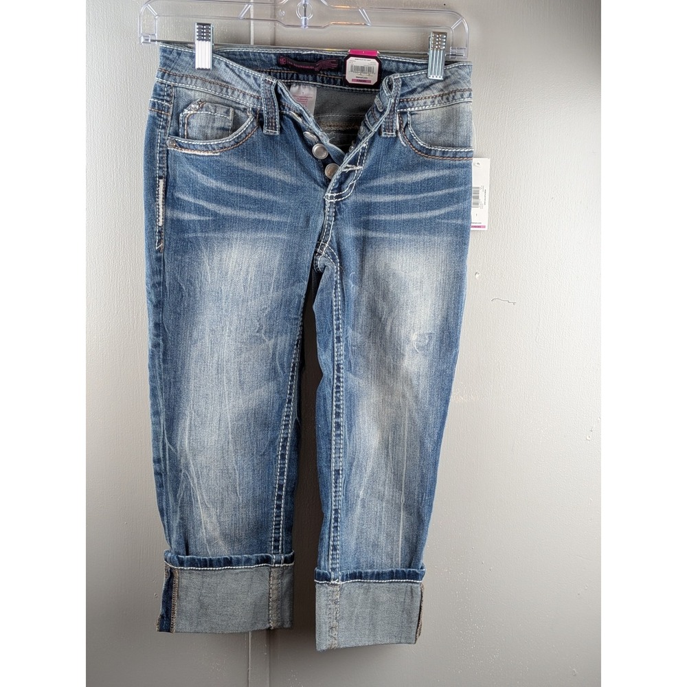 No Boundaries Juniors Flap Pocket Crop Jeans Vintage Wash Embroidered Size 1